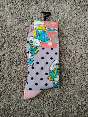 The Smurfs Smurfette Crew Socks Women's One Size Lilac Purple Polka Dot NWT